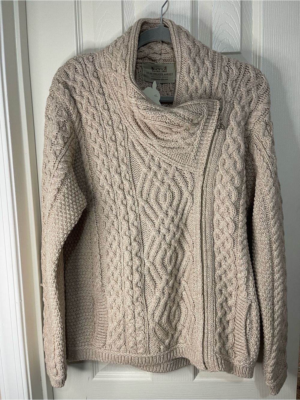 Aran Crafts Cream Shannon Cable Side Zip Made in Ireland Merino Wool Sweater XL